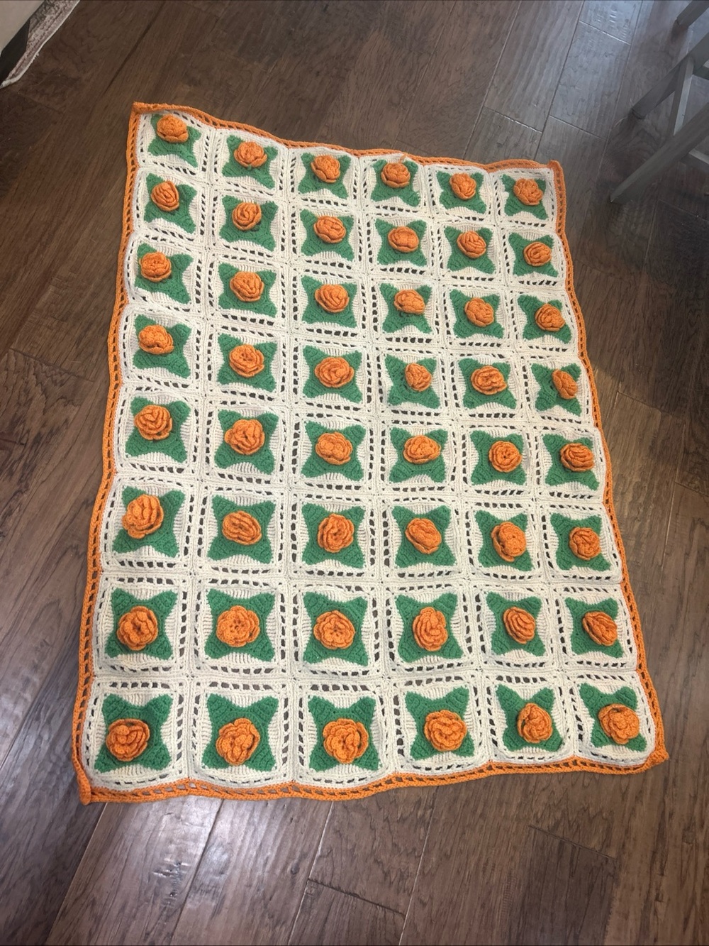Handmade Afghan 3D Roses Orange Green Color Crochet 55x40.